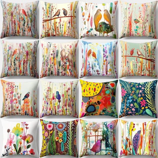45x45cm Vintage Linen Bird Flower Pillow Cover for Sofa Car Home Decor